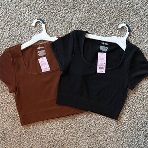 Wild Fable Women Junior Black Brown Ribbed Short Sleeve Crop Top Shirt Sz Large